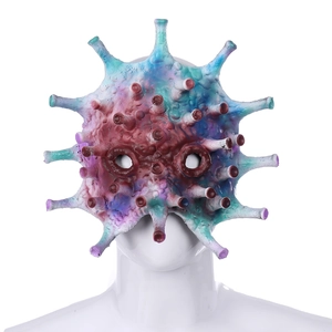 Detailed view of virus-themed horror mask with colorful tentacles and realistic texture