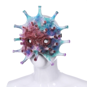 Detailed view of scary virus cosplay mask with colorful spikes and elastic strap