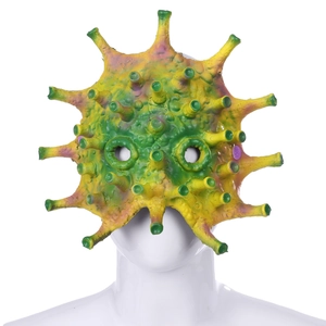 Detailed macro view of creepy virus mask with colorful spikes for Halloween cosplay