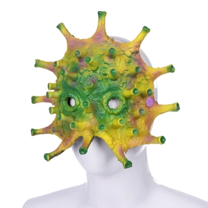 Close-up of a creative virus-themed latex mask with colorful gradient texture