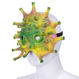 Detail of yellow and green virus latex mask with textured spikes and elastic headband