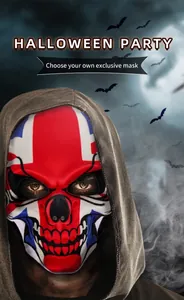 Halloween skull mask with UK flag pattern worn with brown hooded cloak at party