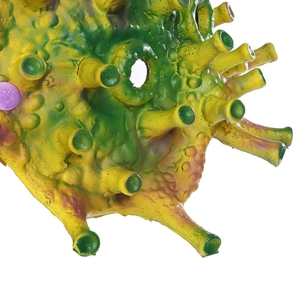 Macro detail of viral cell mask texture with vibrant green protrusions and purple spots