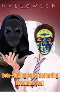 Detail of Halloween skull masks featuring blue lightning and glowing green cracked textures