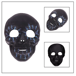 Detail view of Halloween skull mask featuring blue flame pattern from multiple angles