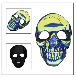 Front and side views of a fluorescent Halloween skull mask with heat-map sublimation design