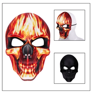 Detail view of Halloween skull half mask with red flame texture and elastic band