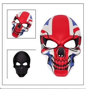 Detail of Halloween skull masks featuring Union Jack flag design and matte black finish