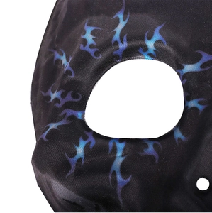 Detail of blue flame pattern on black breathable Halloween skull mask fabric
