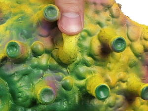 Macro shot of flexible squeeze toy featuring soft tentacles and yellow-green gradient finish