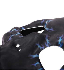 Close-up of Halloween skull mask with blue-purple flame pattern and breathable holes