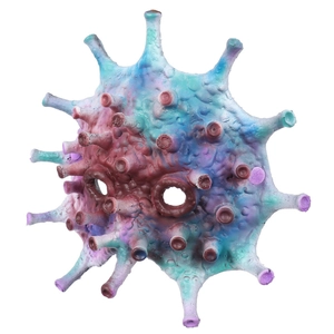 Macro view of blue and purple virus cosplay mask with detailed latex protrusions