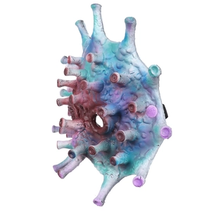 Detailed side view of colorful virus latex cosplay mask with realistic tentacles and head strap