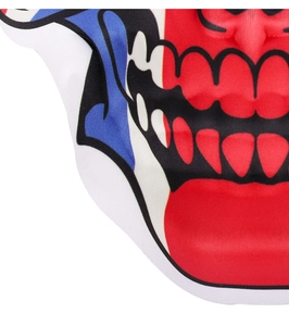 Macro detail of breathable polyester fabric and stitching on skull printed halloween mask