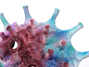 Macro detail of bionic virus texture on a purple and blue latex Halloween cosplay mask