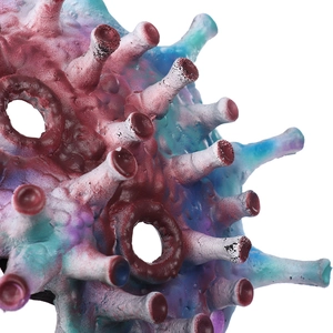 Macro shot showing detailed texture and vibrant colors of a virus-style latex horror mask