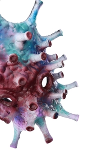 Macro detail of bionic virus mask with colorful tubular tentacles for Halloween cosplay