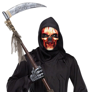 Halloween grim reaper costume set with flame skull mask, black hooded robe and scythe prop