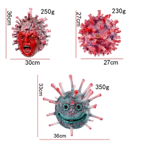 Tre maschere di Halloween in lattice rosso e verde con specifiche di peso e dimensioni