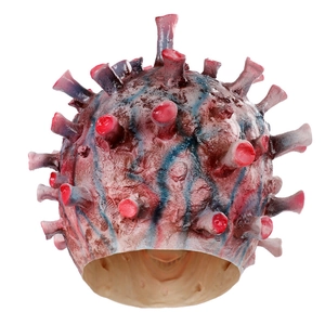 Macro della maschera virale in lattice con punte rosse e trame venose molto dettagliate