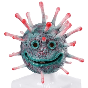 Vista dettagliata della maschera virus in lattice con un sorriso creativo e tentacoli rossi