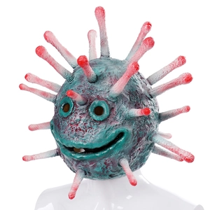Dettaglio macro della maschera virale in lattice verde con punte rosse per cosplay Halloween