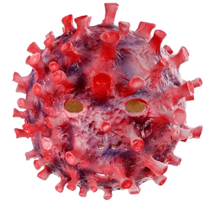 Vista macro del dettaglio della maschera virus in lattice rosso con texture realistica
