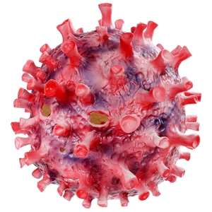 Dettaglio della maschera virale in lattice rosso con punte strutturate e fori per occhi