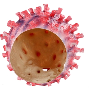 Dettaglio macro della maschera virale in lattice con punte a gradiente di rosso