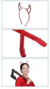 Détail du serre-tête cornes de diable rouges avec strass et hache rétro pour costume Halloween