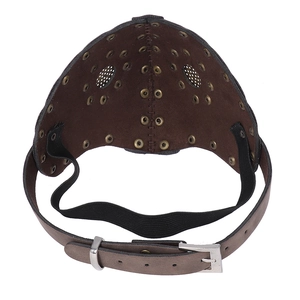Détails du masque steampunk en cuir marron avec œillets en bronze et sangles réglables