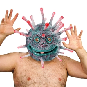 Divertente maschera da virus in lattice viola con tentacoli rosa per cosplay di Halloween