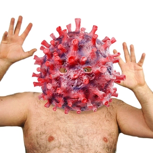 Maschera realistica in lattice per coronavirus rosso e viola per cosplay e feste