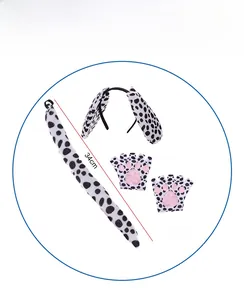 Detailed view of spotted dog costume set with headband tail and paw gloves for cosplay