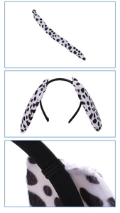 Detail view of Dalmatian costume set showing plush spotted headband and tail accessories