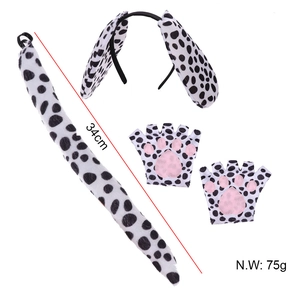 3-piece dalmatian dog costume set with spotted headband, tail, and paw gloves