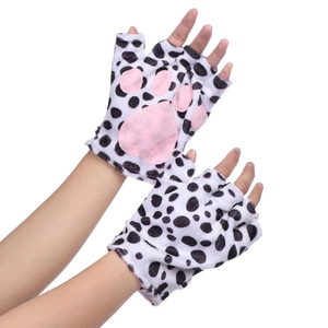 Cute pug plush cat paw half-finger gloves with pink pads for Halloween cosplay costumes