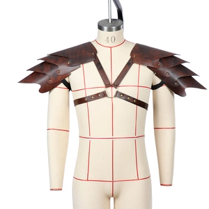 Brown medieval leather shoulder armor with layered plates and metal studs for cosplay