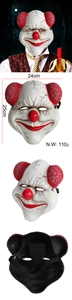Detail view of scary 3D PU clown mask featuring adjustable straps and soft foam padding