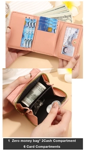 Détail de l'intérieur du portefeuille rose avec fentes pour cartes et poche à monnaie