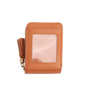 Portacarte RFID in pelle PU marrone con grana litchi, finestra ID e nappa dorata