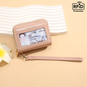 Porte-cartes en Cuir PU Avec Blocage RFID Portefeuille Avec Fenêtre d'Identification Transparente Accordéon Étui Pour Femmes Hommes Dragonne Portable Fermeture Éclair