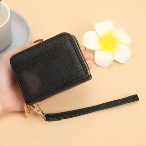 Porte-cartes en cuir noir à motif litchi avec fenêtre ID et dragonne
