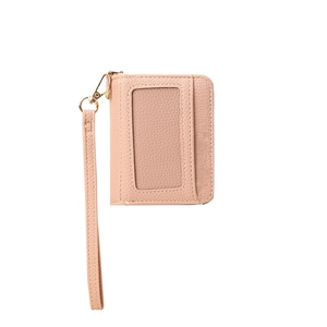 Porte-cartes en cuir synthétique rose avec fenêtre transparente et dragonne amovible