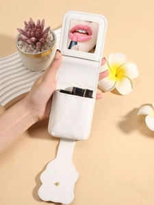 Portable white leather lipstick pouch with mirror and cute cartoon bear motif design