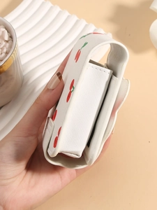 Cute cherry print mini lipstick storage bag with mirror and textured faux leather finish