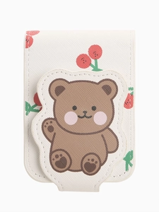 Cute cartoon bear and cherry print mini lipstick bag with mirror in white faux leather