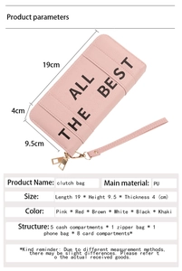 Detail showing pink PU leather clutch bag dimensions and structured internal compartments