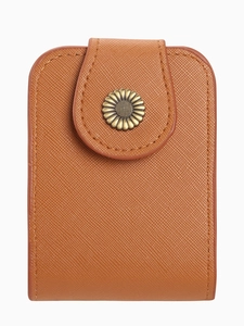 Mini brown Saffiano leather makeup pouch with a vintage gold sunflower buckle