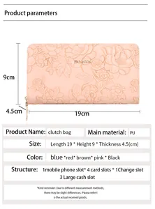 Size chart for double-zipper long floral clutch bag showing dimensions 19x9x4.5 cm